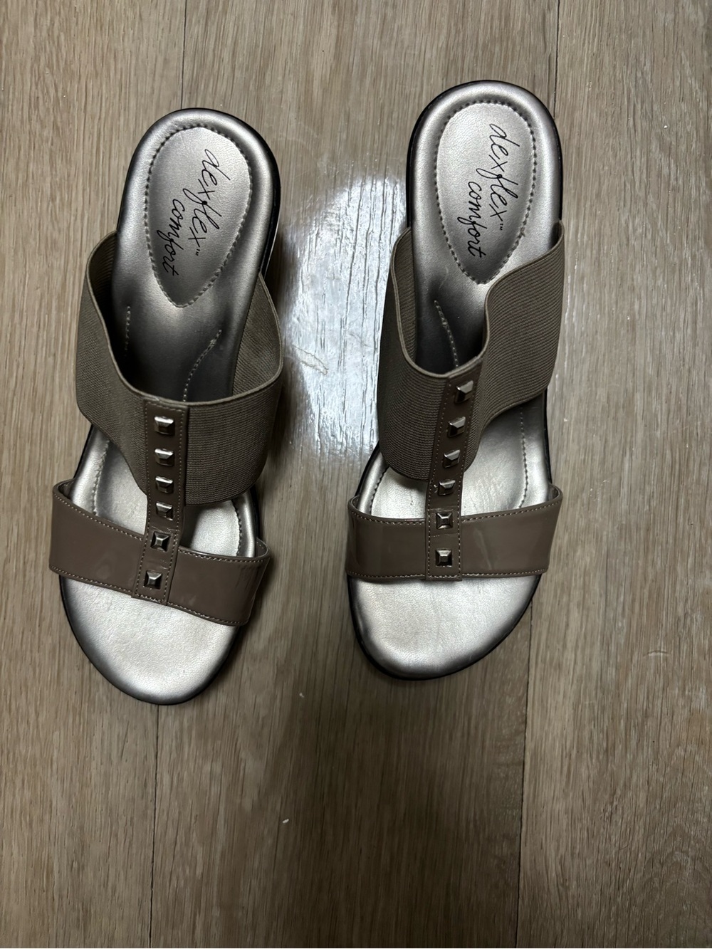 dexflex comfort Taupe Elastic Slide Mules with Stud Trim